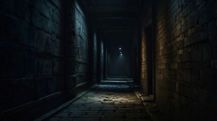 A hauntingly ominous corridor, every inch exuding a sense of dread and mystery: shadows dancing in the dim light