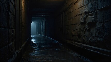 A hauntingly ominous corridor, every inch exuding a sense of dread and mystery: shadows dancing in the dim light