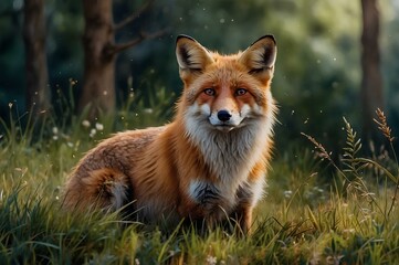 Fototapeta premium Red Fox in Lush Forest Clearing