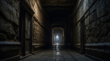 A hauntingly ominous corridor, every inch exuding a sense of dread and mystery: shadows dancing in the dim light