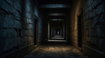 A hauntingly ominous corridor, every inch exuding a sense of dread and mystery: shadows dancing in the dim light