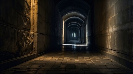 Fototapeta premium A hauntingly ominous corridor, every inch exuding a sense of dread and mystery: shadows dancing in the dim light
