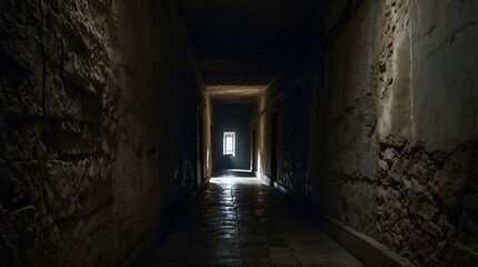 Fototapeta premium A hauntingly ominous corridor, every inch exuding a sense of dread and mystery: shadows dancing in the dim light