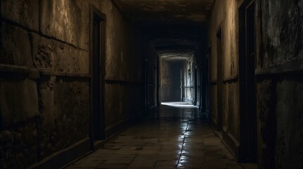 Fototapeta premium A hauntingly ominous corridor, every inch exuding a sense of dread and mystery: shadows dancing in the dim light