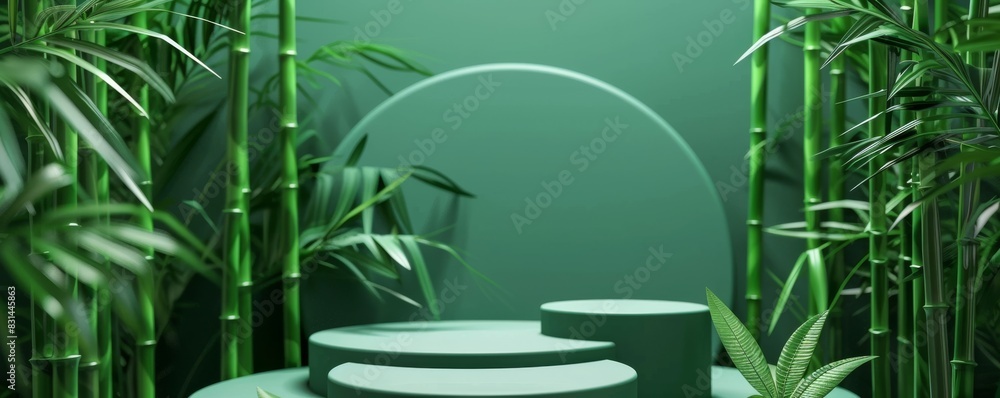 Poster serene green bamboo background with round and square platforms for product display