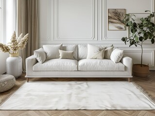 A white couch is in a room with a brown plant and a vase. The room has a clean and minimalist look