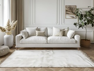Fototapeta premium A white couch is in a room with a brown plant and a vase. The room has a clean and minimalist look