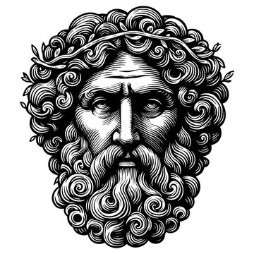 recommend clip art: mythical bearded man with a wreath, showcasing detailed line work and classic artistry sketch engraving generative ai PNG illustration. Scratch board imitation. Black and white image.