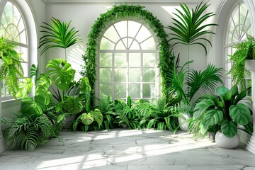 Luxurious indoor garden with vibrant green plants in a sunlit room featuring arched windows and lush foliage