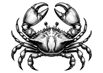 crab with its claws raised, showcasing classic artistic style and intricate line work sketch engraving generative ai PNG illustration. Scratch board imitation. Black and white image.