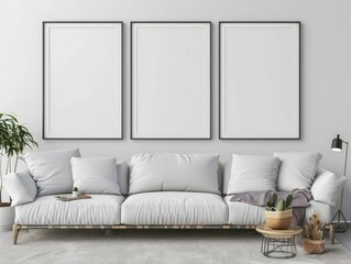 A white couch with three empty frames on the wall. The couch is in a living room with a potted plant and a bowl on a table