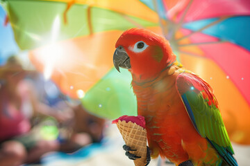 A vibrant parrot with colorful feathers perched on top of an ice cream cone, combining summer vibes with whimsical charm