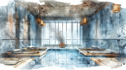 World steam room. white background, watercolor style. text Digital illustration 