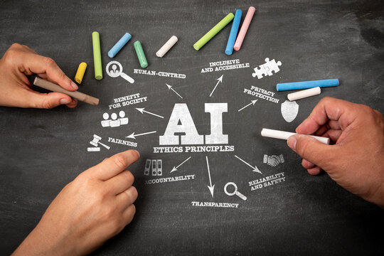 AI Ethics Principles. Illustration with icons, keywords and arrows on a black chalkboard background