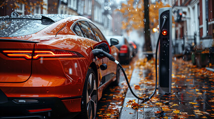 Electric car charging in a city street. 