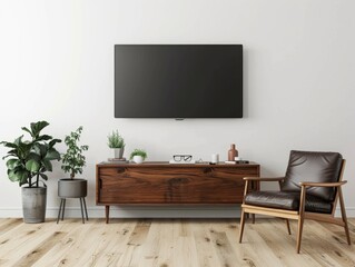 A living room with a brown wooden entertainment center and a leather chair. A television is mounted on the wall above the entertainment center