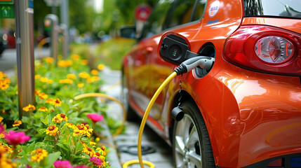 Electric car charging in a street full of flowers.