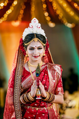 Beautiful Indian Bride in Traditional Wedding Dress with Stunning Bridal Jewelry, Exquisite Mehndi Designs, and Elegant Make-up