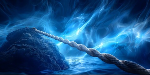 A rope tethered to a rock in a captivating electric blue underwater scene. Concept Underwater Photography, Electric Blue, Rock Tether, Captivating Scene
