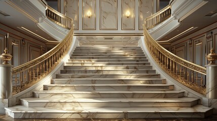 A grand staircase with an elegant mix of marble steps and brass railings