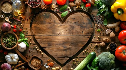 Heart-shaped wood surface surrounded by fresh vegetables and spices. Food preparation, culinary...