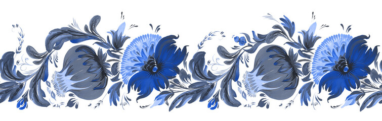 Floral seamless border pattern from hand drawn blue colored flowers and leaves on a white background