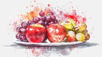 Watercolor art of fresh apples and grapes on a colorful background. Fruit illustration. Painting, fresh produce, still life, nature concept