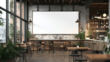 Blank white screen for advertising in a cafe. Signboard for logo presentation.