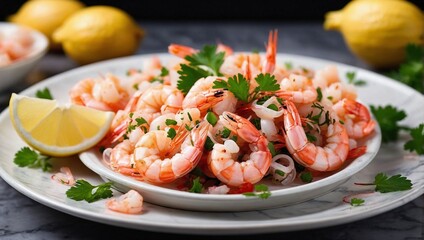 Assortment of cooked shrimps with fresh slices of lemon
