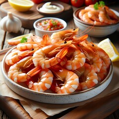 Assortment of cooked shrimps with fresh slices of lemon