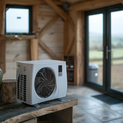 A modern, high-efficiency heat pump system installed on the exterior of a rustic wooden cabin, providing comfortable and sustainable climate control for the serene countryside setting.