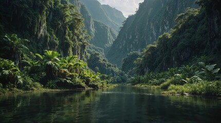 A tranquil river flows through a lush, green tropical forest, surrounded by towering mountains under a clear sky - Powered by Adobe