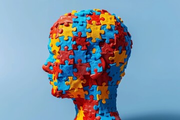 A creative and lighthearted image of a man with a puzzle piece head, wearing a puzzle piece hat. He is surrounded by scattered puzzle pieces, showcasing a whimsical representation of a person.