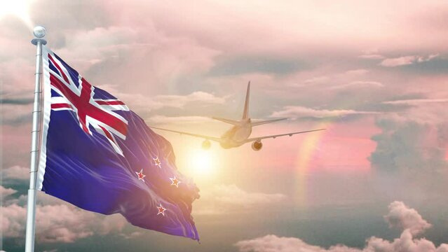 New Zealand flag Waving Realistic With Sky Plane Takes Off At Sunrise