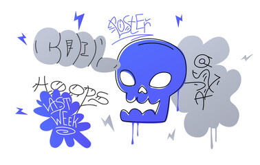 Concept of wall street art - graffiti. Scull, doodles and cool inscription. Hooliganism and vandalism. Abstract art object and creativity. Linear flat vector illustration isolated on white background