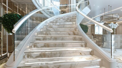 Fototapeta premium A luxurious staircase with a custom-designed glass balustrade and marble steps