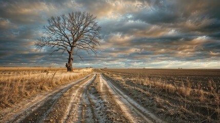 A dirt road features a lone tree planted in its center, creating a striking visual contrast against the surrounding landscape