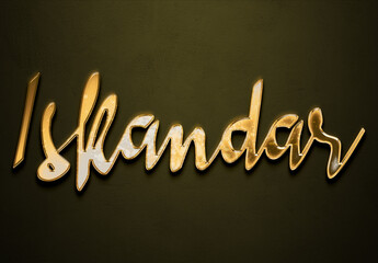 Old gold text effect of Arabic name Iskandar with 3D glossy style Mockup.