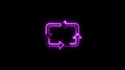Glowing neon recycle icon illustration with isolated arrow on black background.