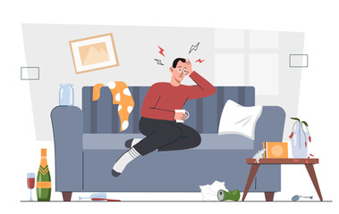 Hangover after a drunken binge. Man is sitting on a couch with bottles and trash scattered around him. Alcohol addiction, alcoholism. Mental issues and psychological problems. Flat vector illustration