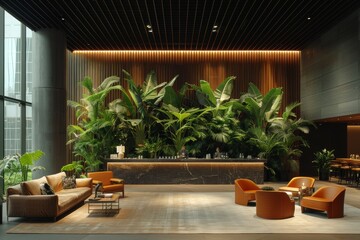 Modern lobby with lush indoor plants, wooden furniture, and ambient lighting creating a welcoming atmosphere