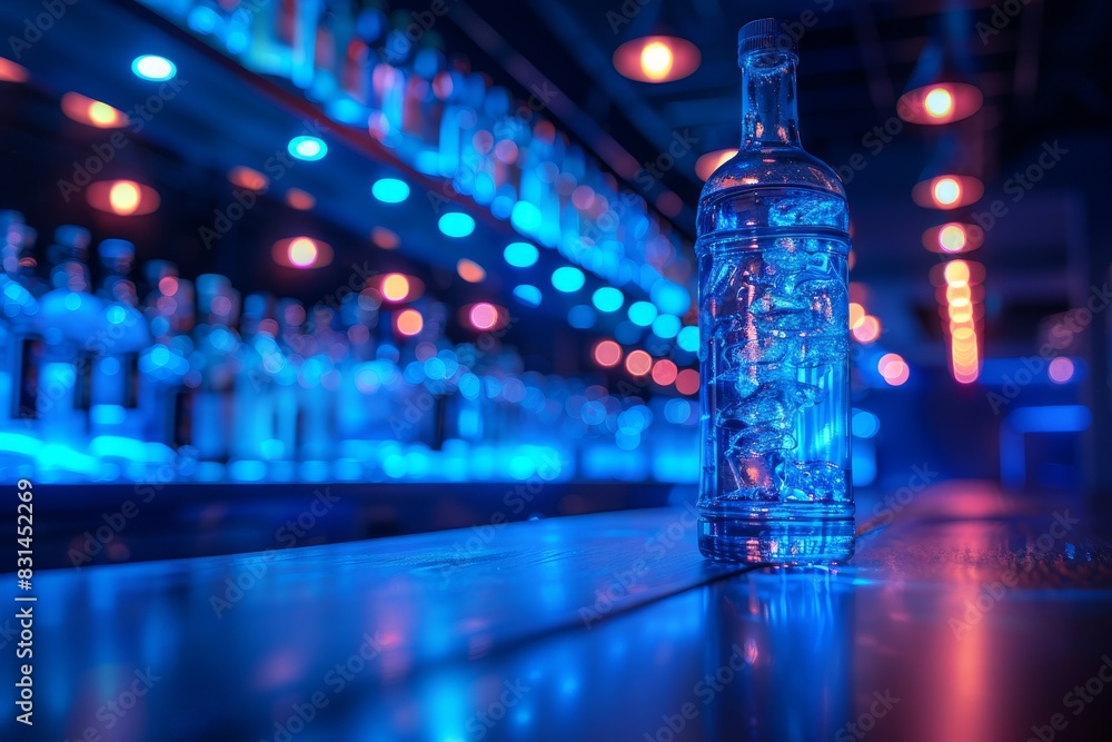 Poster vibrant bar scene with blue lit shelves and an array of colorful bottles creating an energetic night