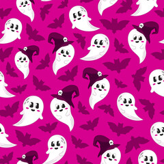 Bright halloween seamless pattern with cute ghost characters