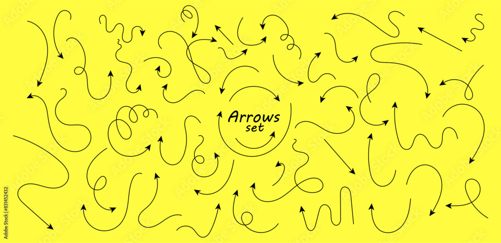 Poster set of hand drawn thin line arrows. collection of curved pointers. black vector pointers pointing in