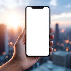 Close-up of Hand Holding Smartphone with Blank Screen Against Blurred City Background,

