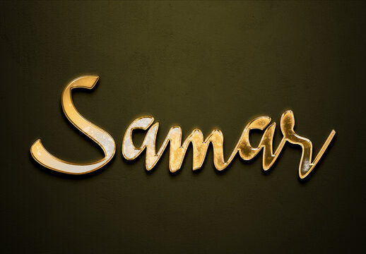 Old gold text effect of Arabic name Samar with 3D glossy style Mockup.
