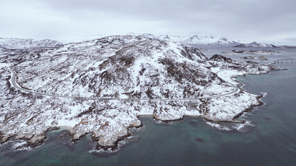 Norwegische Insel im Winter vor blauem Meer und kahlen Bäumen
