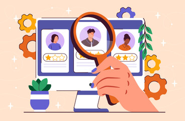 Hiring, recruiting and employment concept. Hand with magnifying glass near computer monitor with ranking and ratings of employees. Flat vector illustration on beige background
