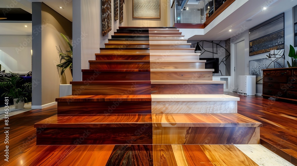 Wall mural a luxurious staircase with steps that each feature a different exotic hardwood, creating a rich tape
