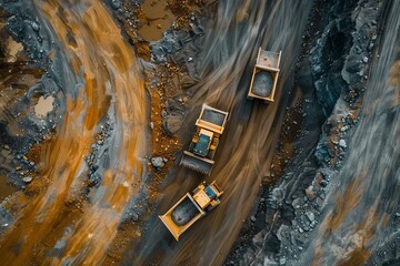 Topdown view of heavy machinery operating in a mining quarry with textured earth